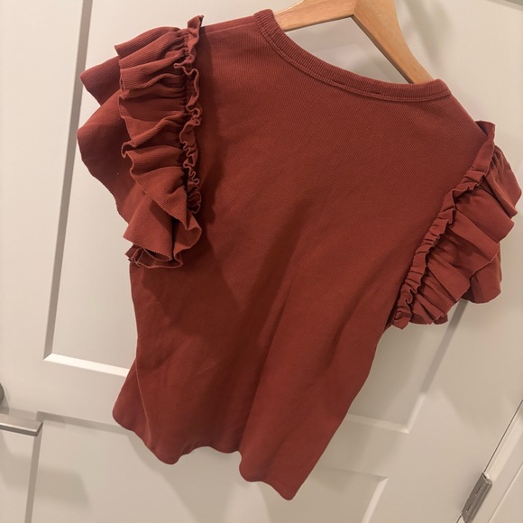 Express Ruffled Sleeve Rust Ribbed Tee Top L - Picture 3 of 5